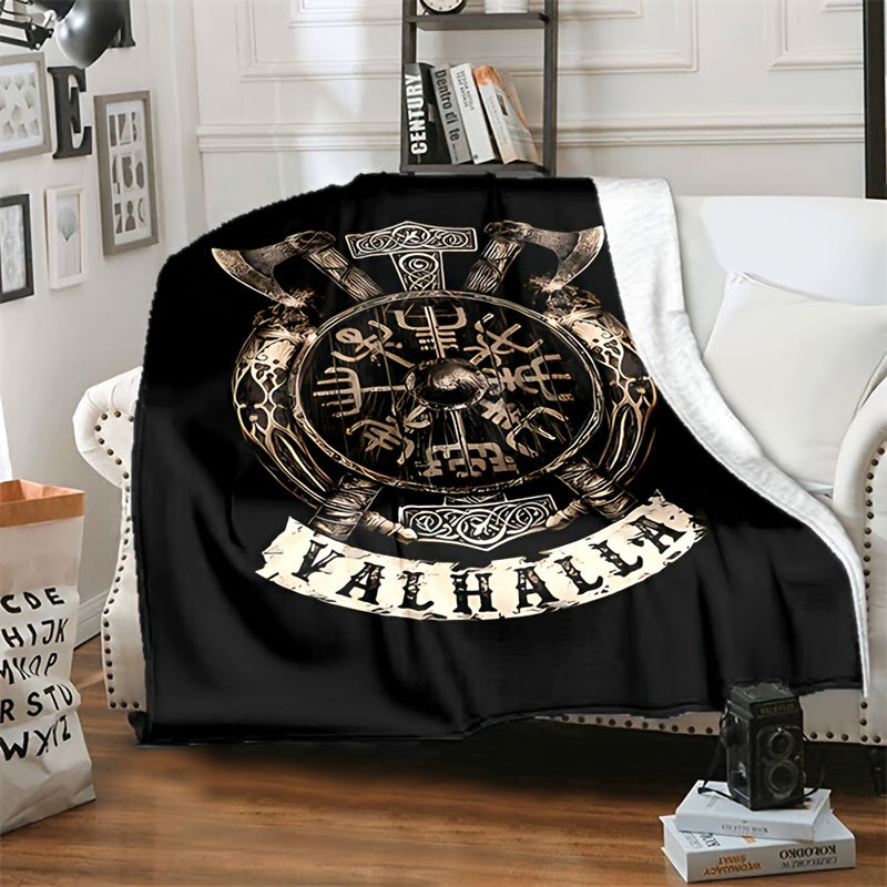 Plush Flanged Blanket with Retro Viking Logo Print for Camping Sofa Bed Couch and Office