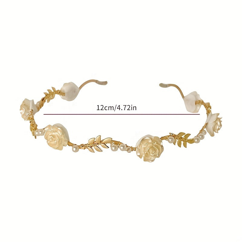 Faux Pearl Rose Hair Hoop for Women Girls Vintage Party Bridal Accessory