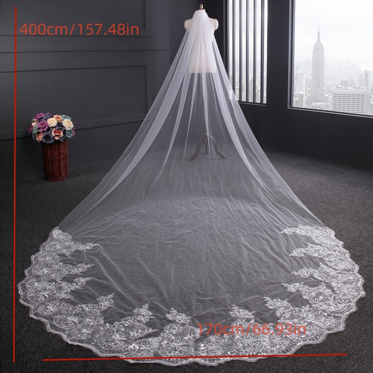 Luxurious Bridal Wedding Veil 4m Sequin Lace Polyester for Marriage Ceremony