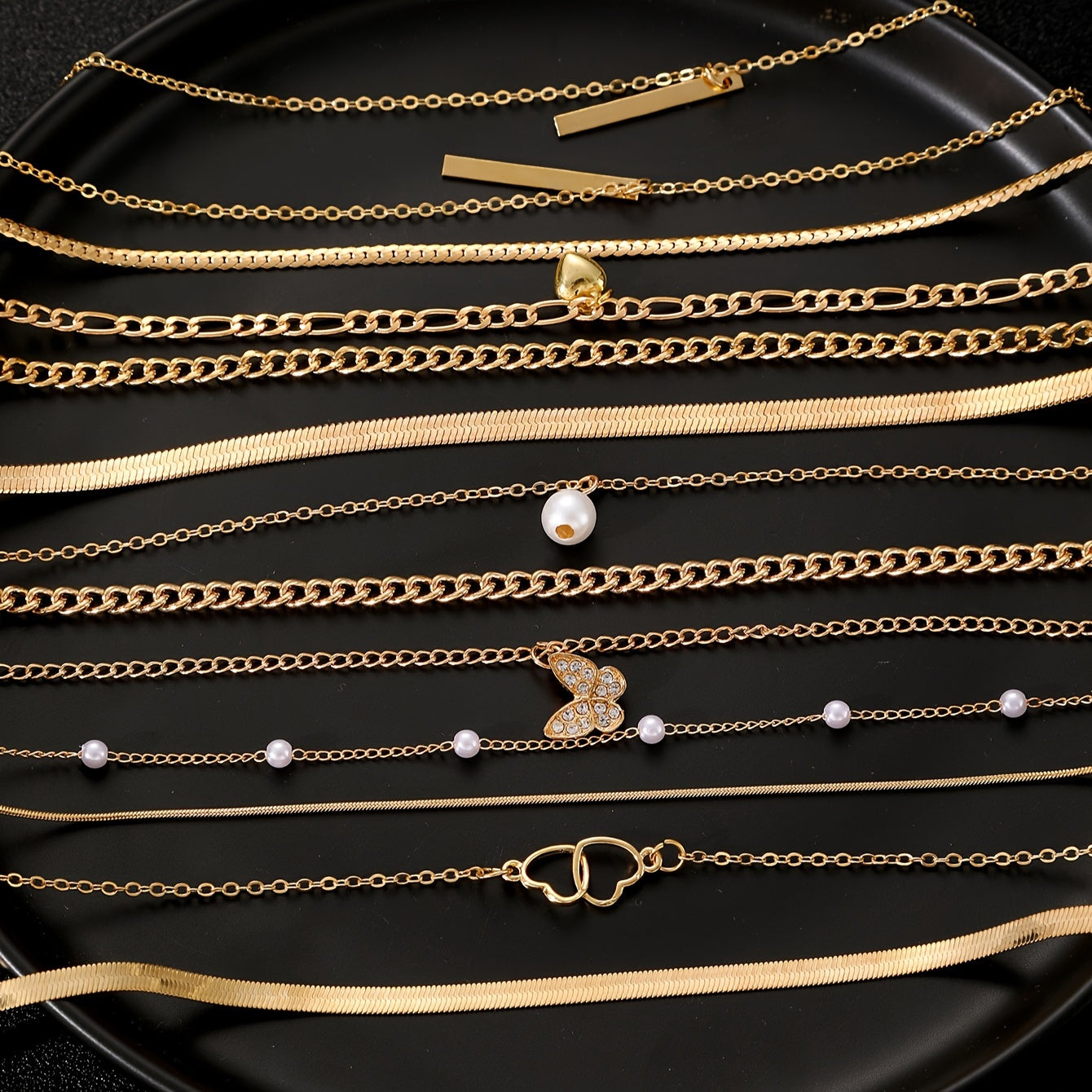 11-Piece Necklace Set with Imitation Pearls Rhinestone Butterfly Geometric Jewelry for Women
