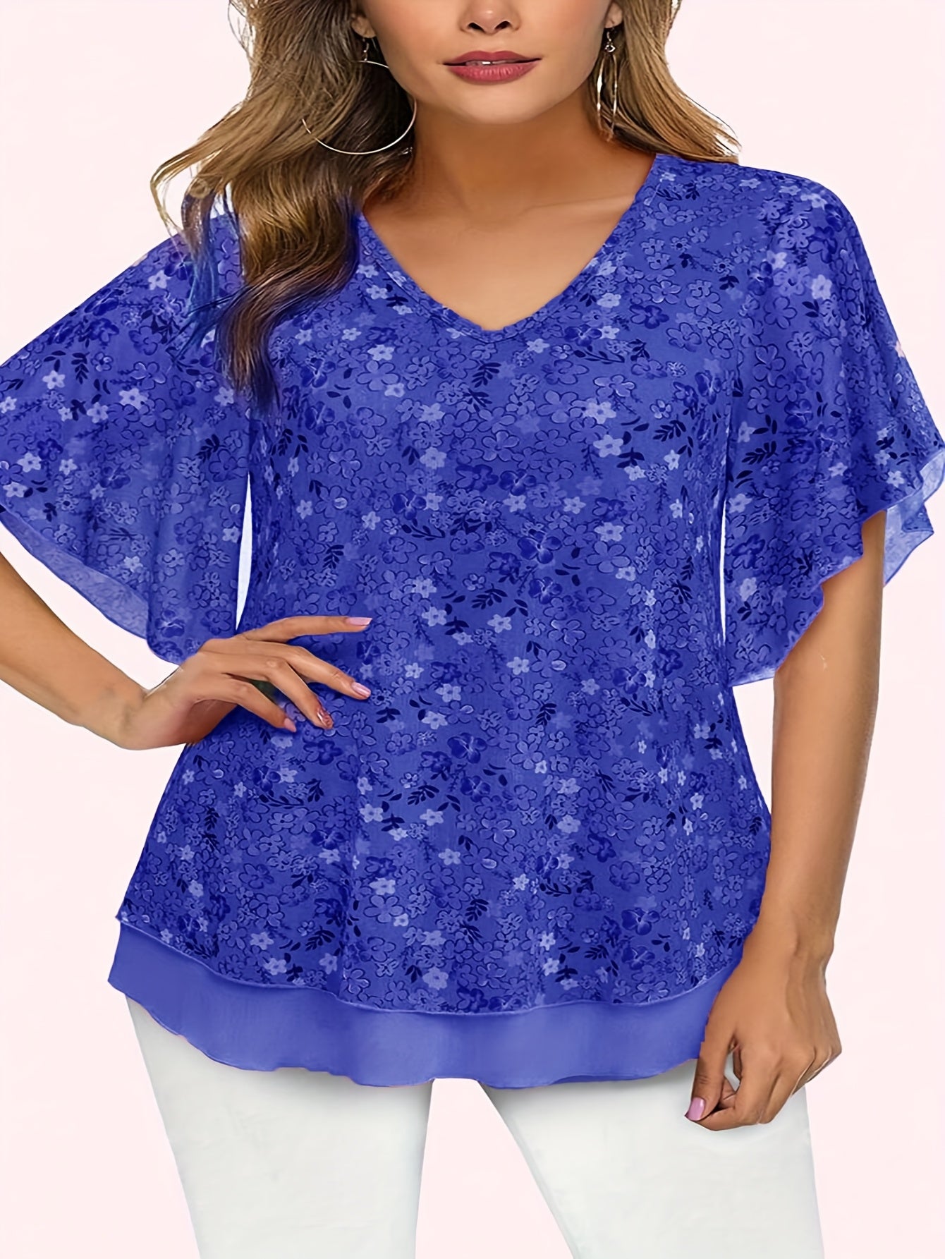 Блузка с цветочным сетчатым V-образным вырезом для полных женщин с рукавами-флаер