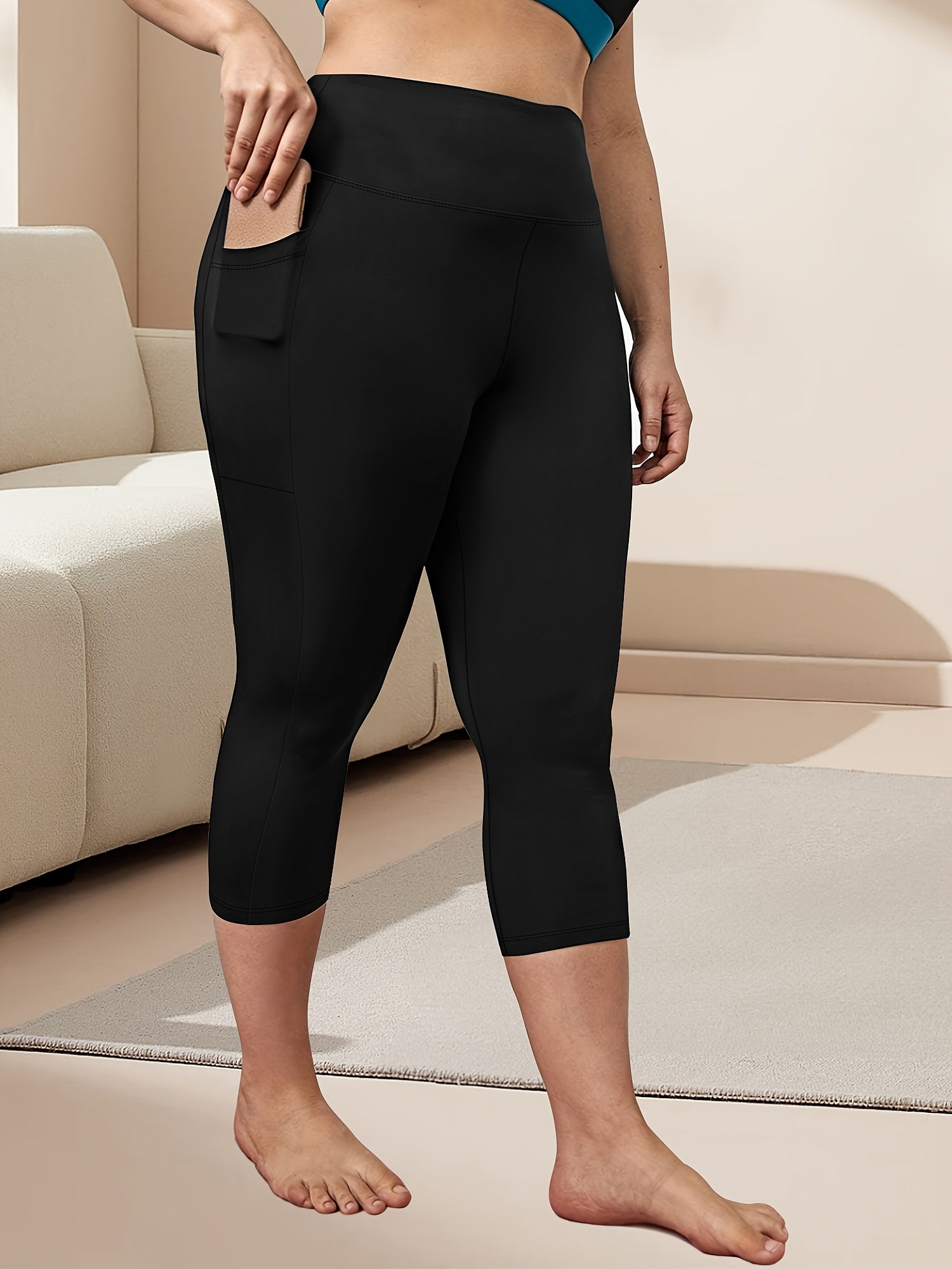 Ayollar uchun katta o'lchamli yuqori belli Capri legginslar, yon cho'ntaklar bilan