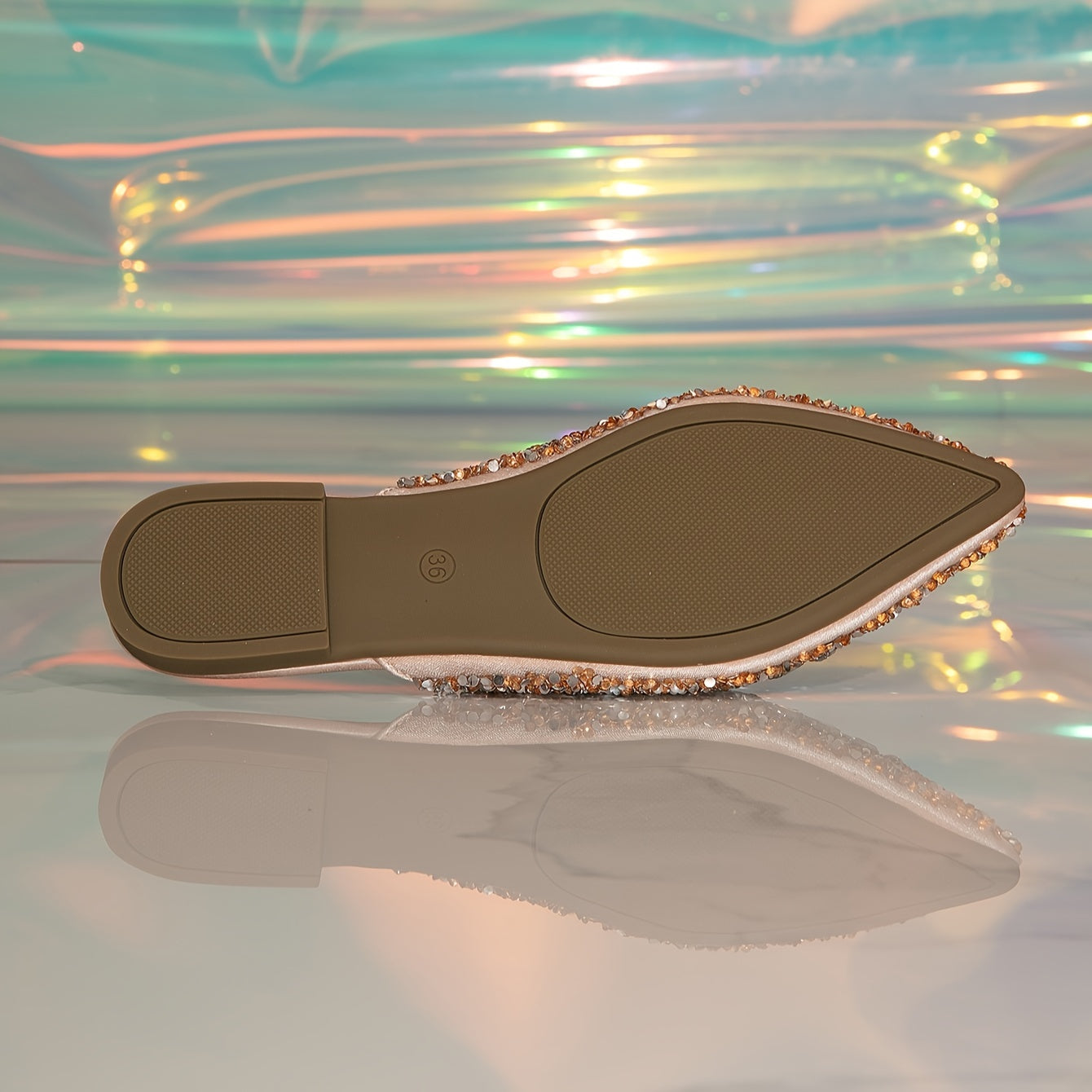 Women's Rhinestone-Embellished Champagne Pointed Toe Flat Sandals Slip-On Summer Shoes