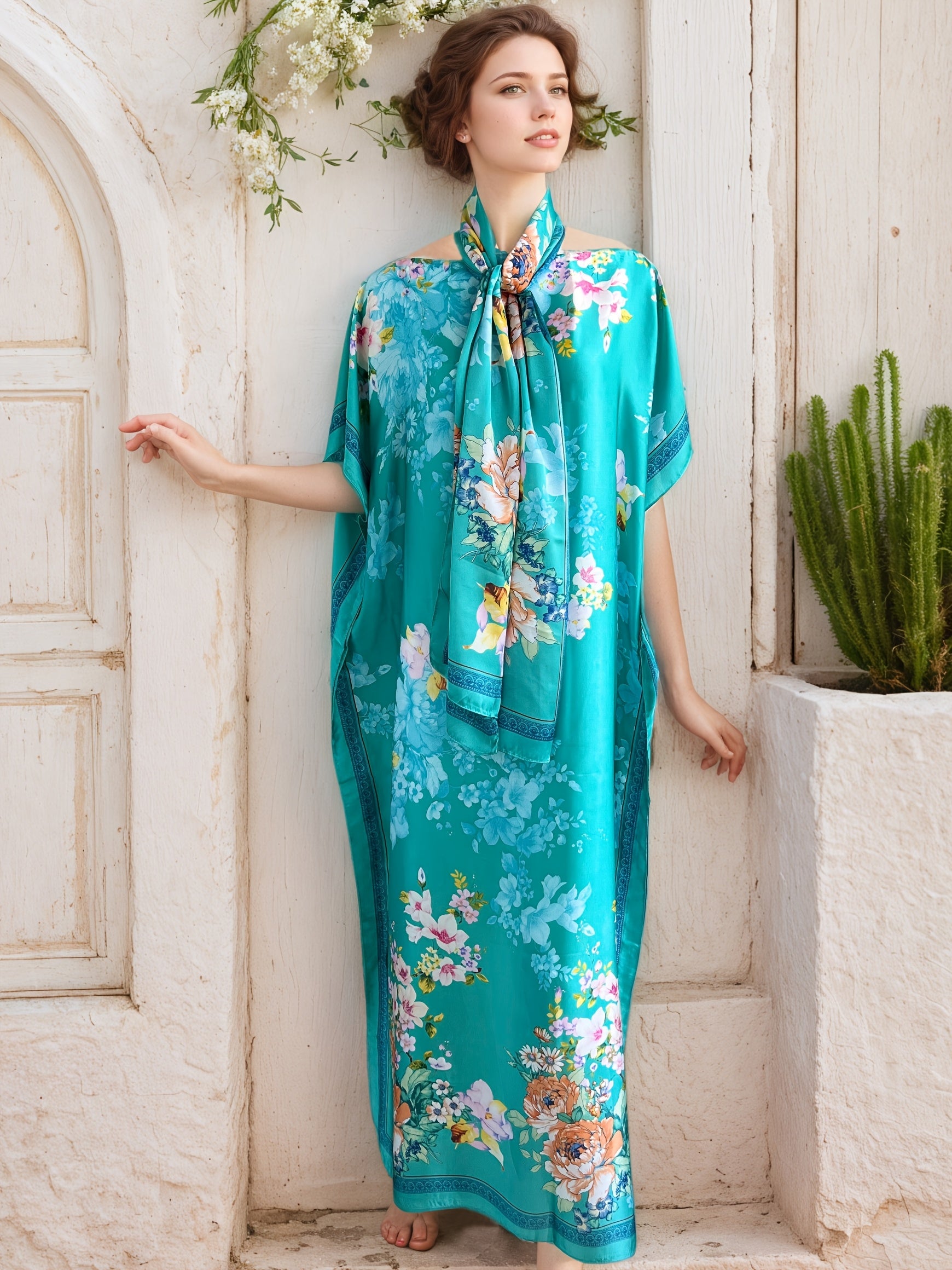 Plus Size Floral Print Batwing Sleeve Maxi Dress for Women, Casual Summer Wear