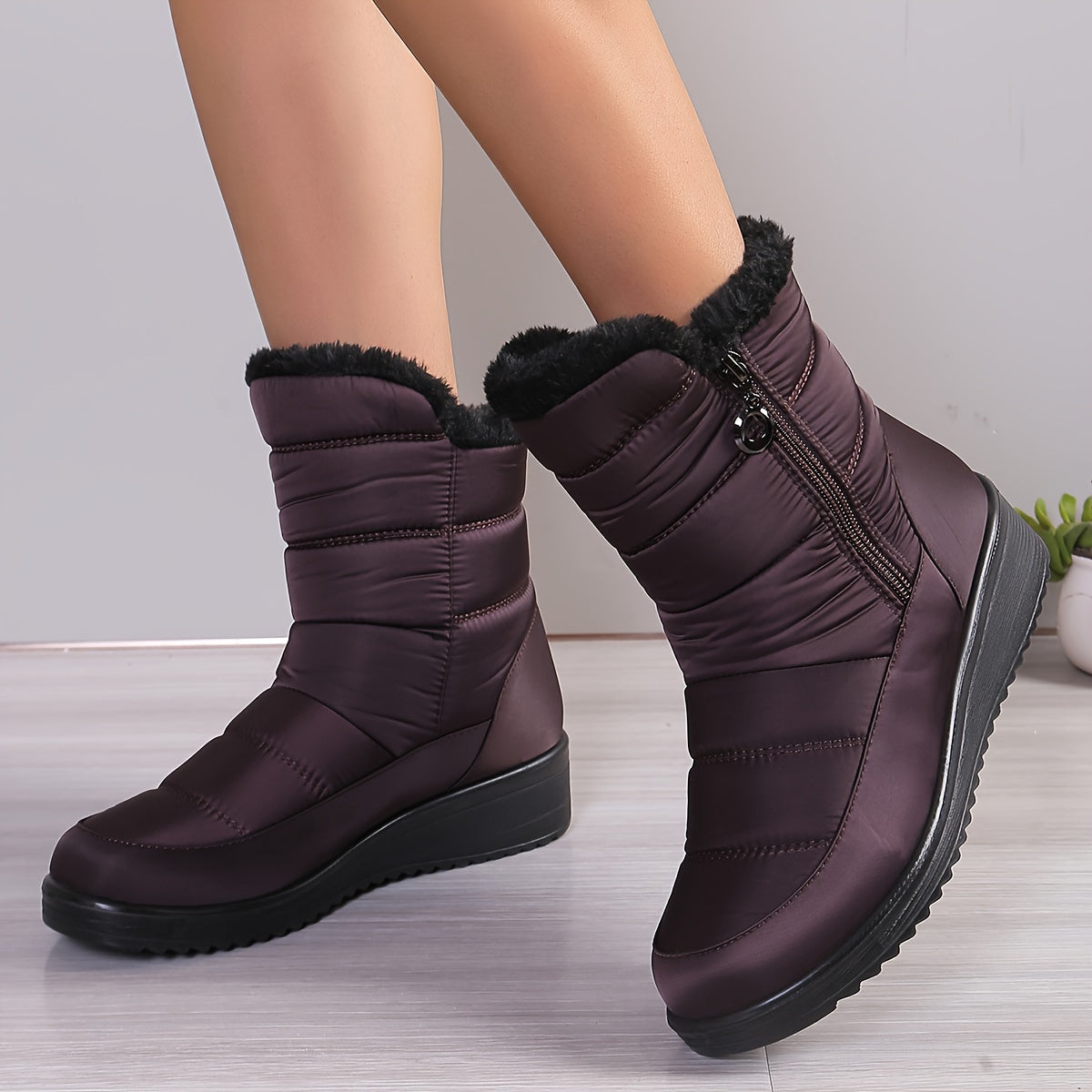 Women's Mid-Calf Winter Boots Plush Faux Fur Side Zipper Quilted Purple