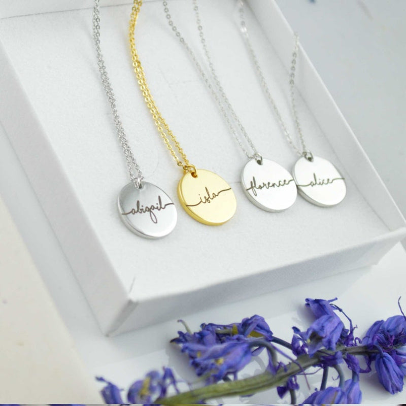 Gold Plated Stainless Steel Necklace with Custom Name Engraving and Round Pendant for Women