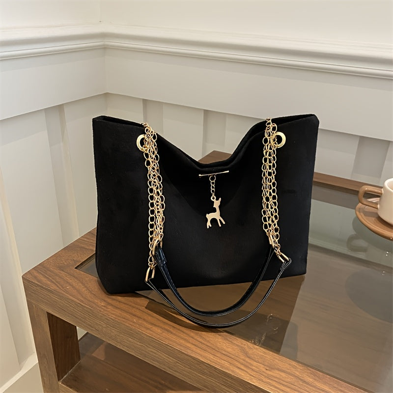 Casual Faux Leather Tote Bag with Deer Charm Large Capacity Lightweight Fixed Straps Magnetic Closure for Women
