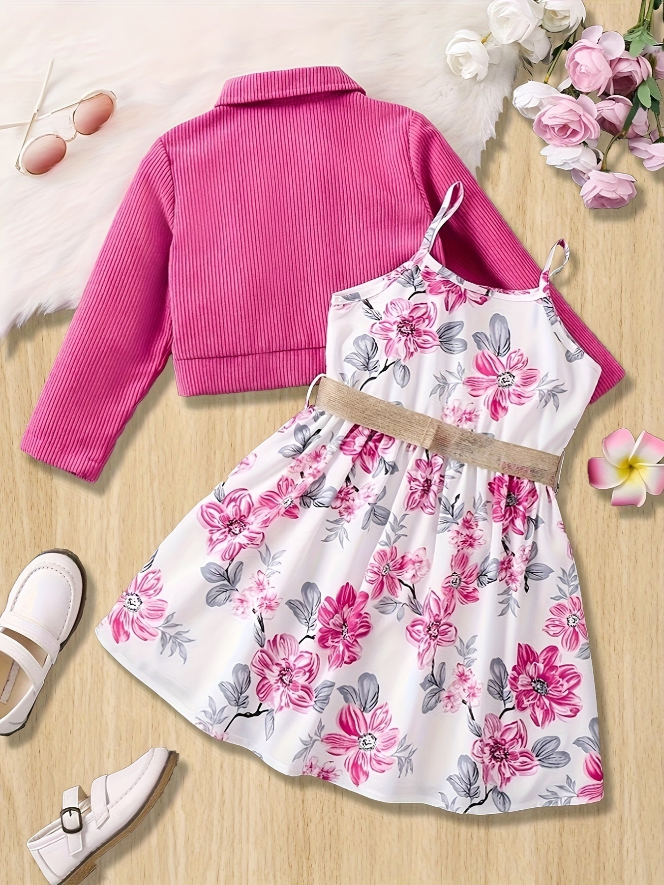Girls Casual Outfit Set with Ribbed Corduroy Jacket Floral Cami Dress Belt for Spring Fall Outdoor Parties