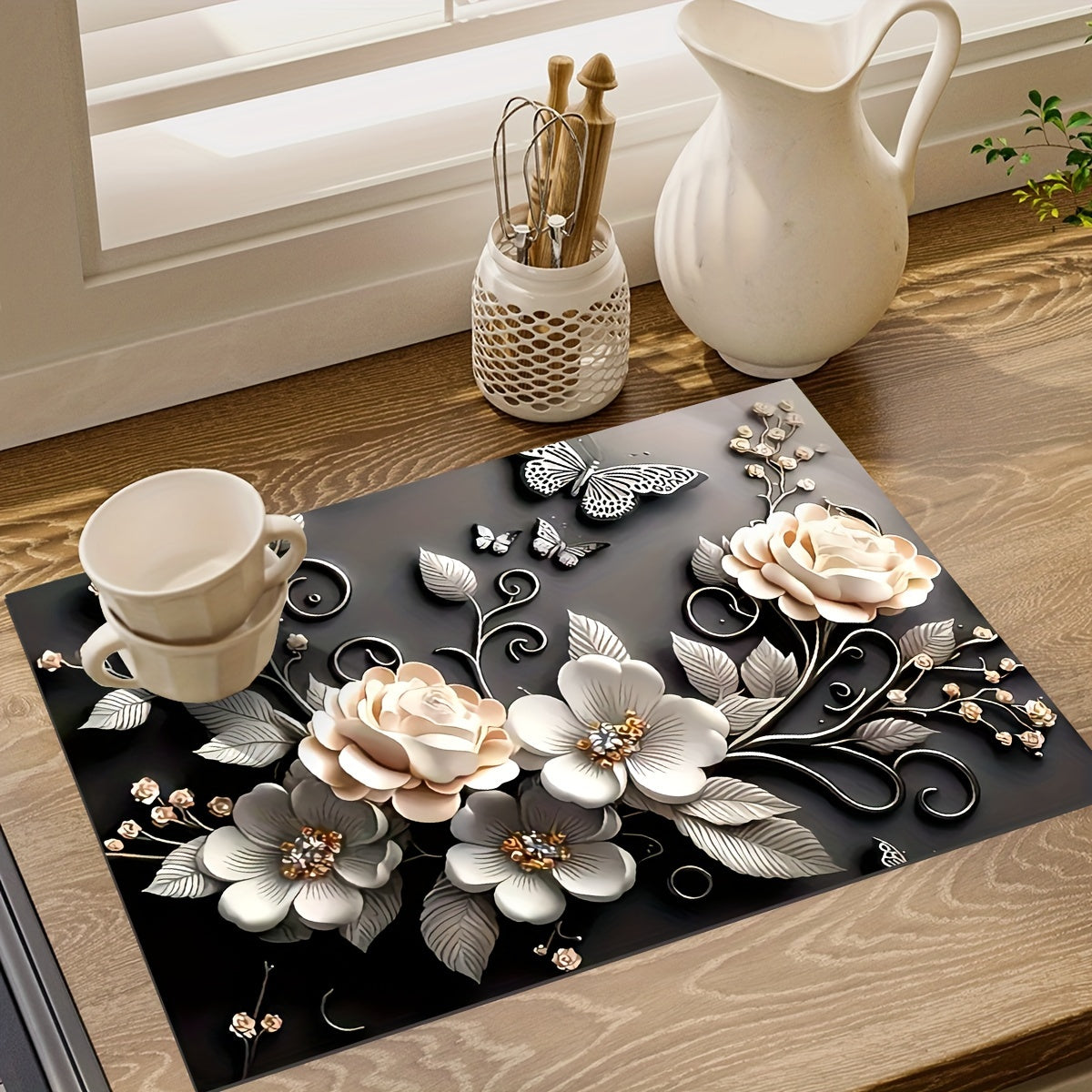 3D Floral Pattern Absorbent Silicone Mat for Kitchen Countertop Dish Drying Pad