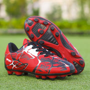 Kids' All-Weather Red and Black Geometric Soccer Cleats with Spiked Sole for Grip