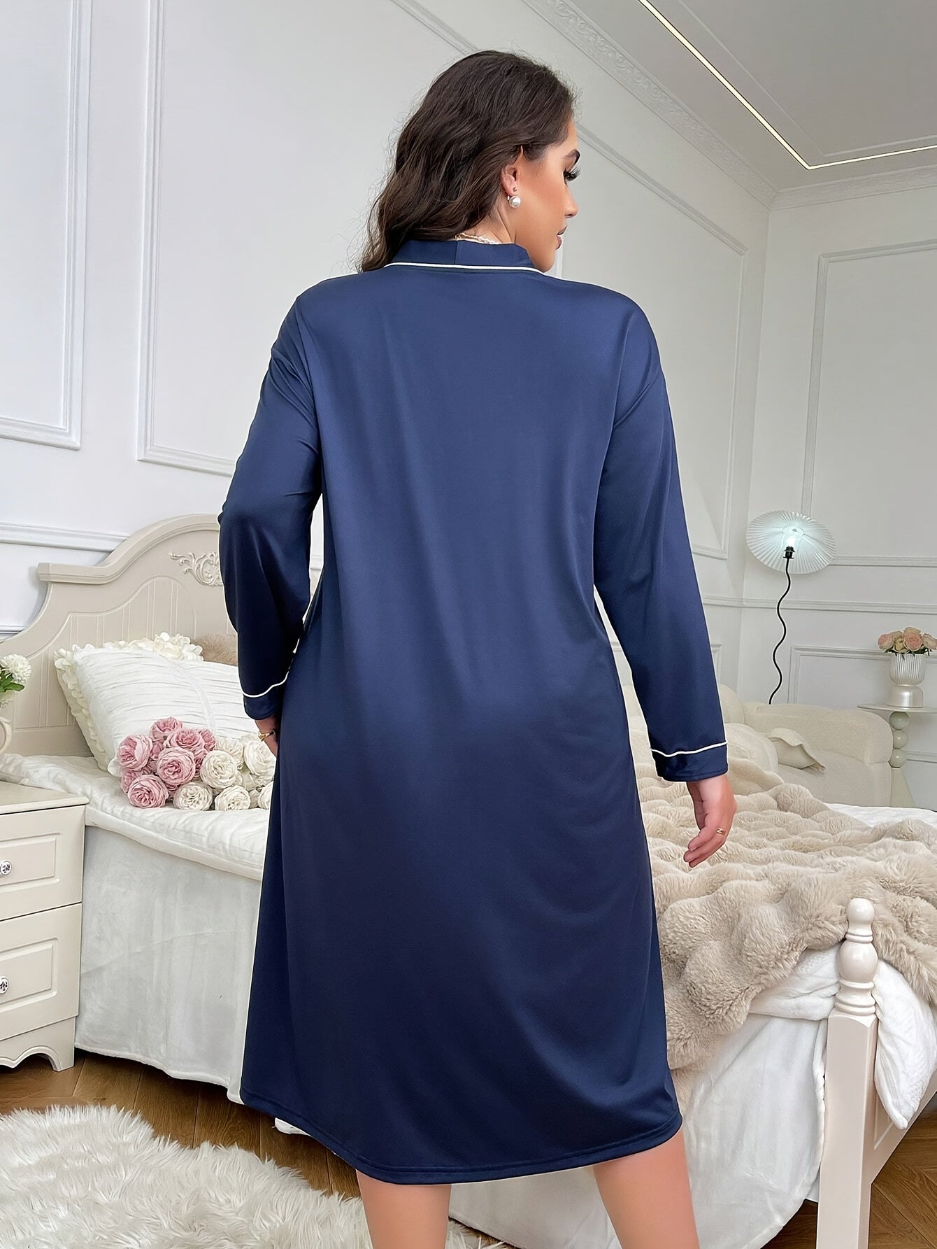 Women's Navy Blue Sleep Dress Soft Stretch Polyester Spandex Lounge Wear