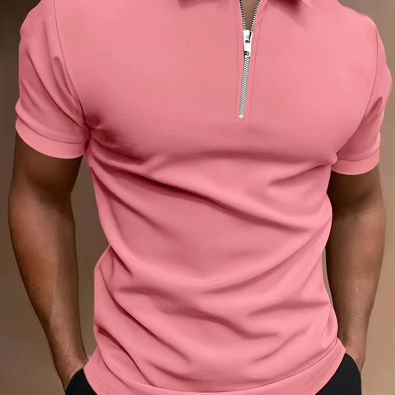Men's Solid Color Zipper Lapel Golf Shirt for Casual Summer Streetwear