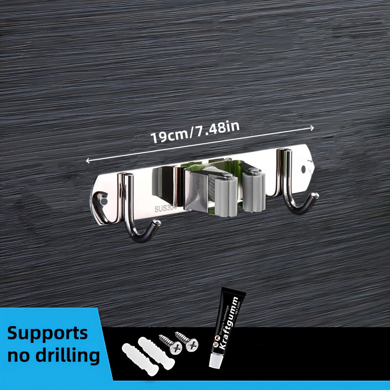 Wall-Mounted Mop and Broom Rack with 5 Clips 4 Hooks Stainless Steel