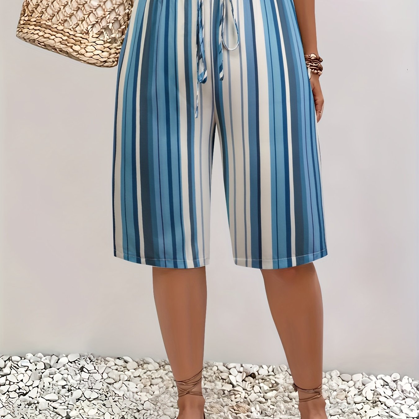 Women's Plus Size Non-Stretch Navy and White Striped Casual Mid-Pants