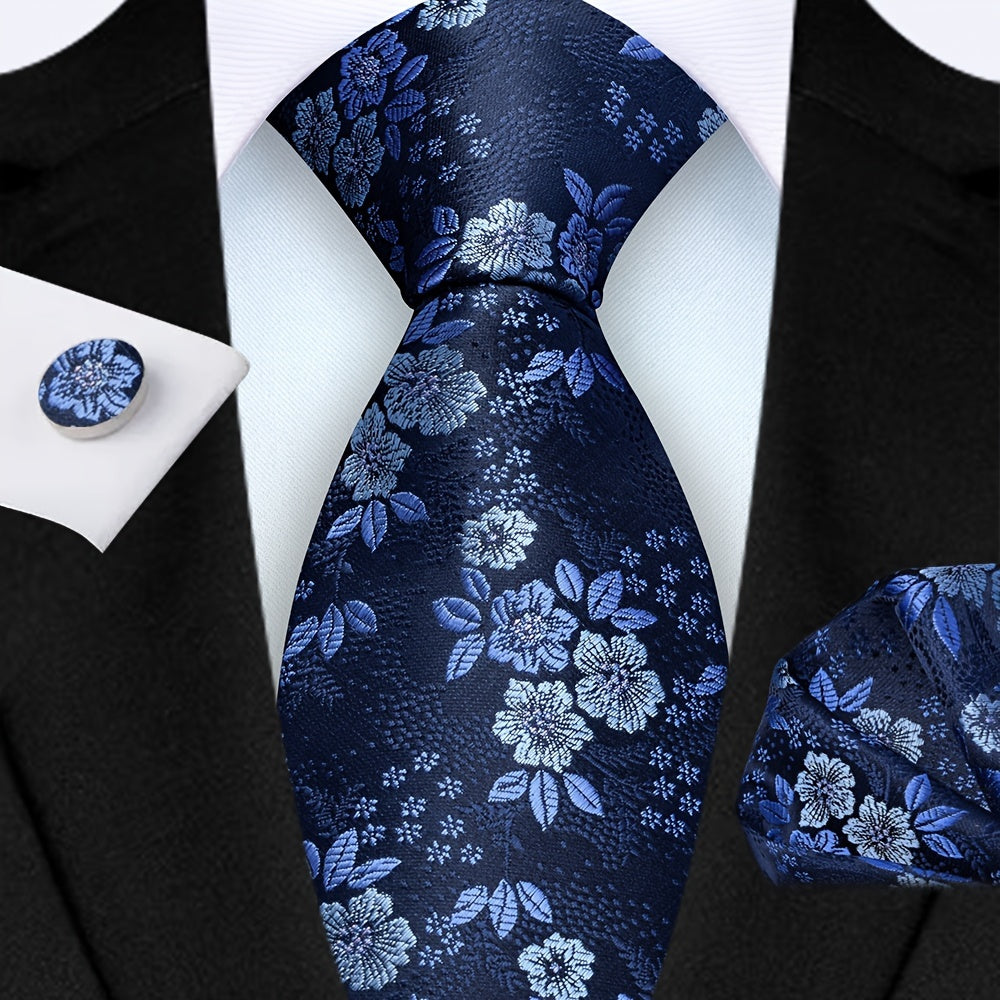 Men's 3-Piece Tie Set Floral Design Polyester Necktie Pocket Square Cufflinks for Weddings Business
