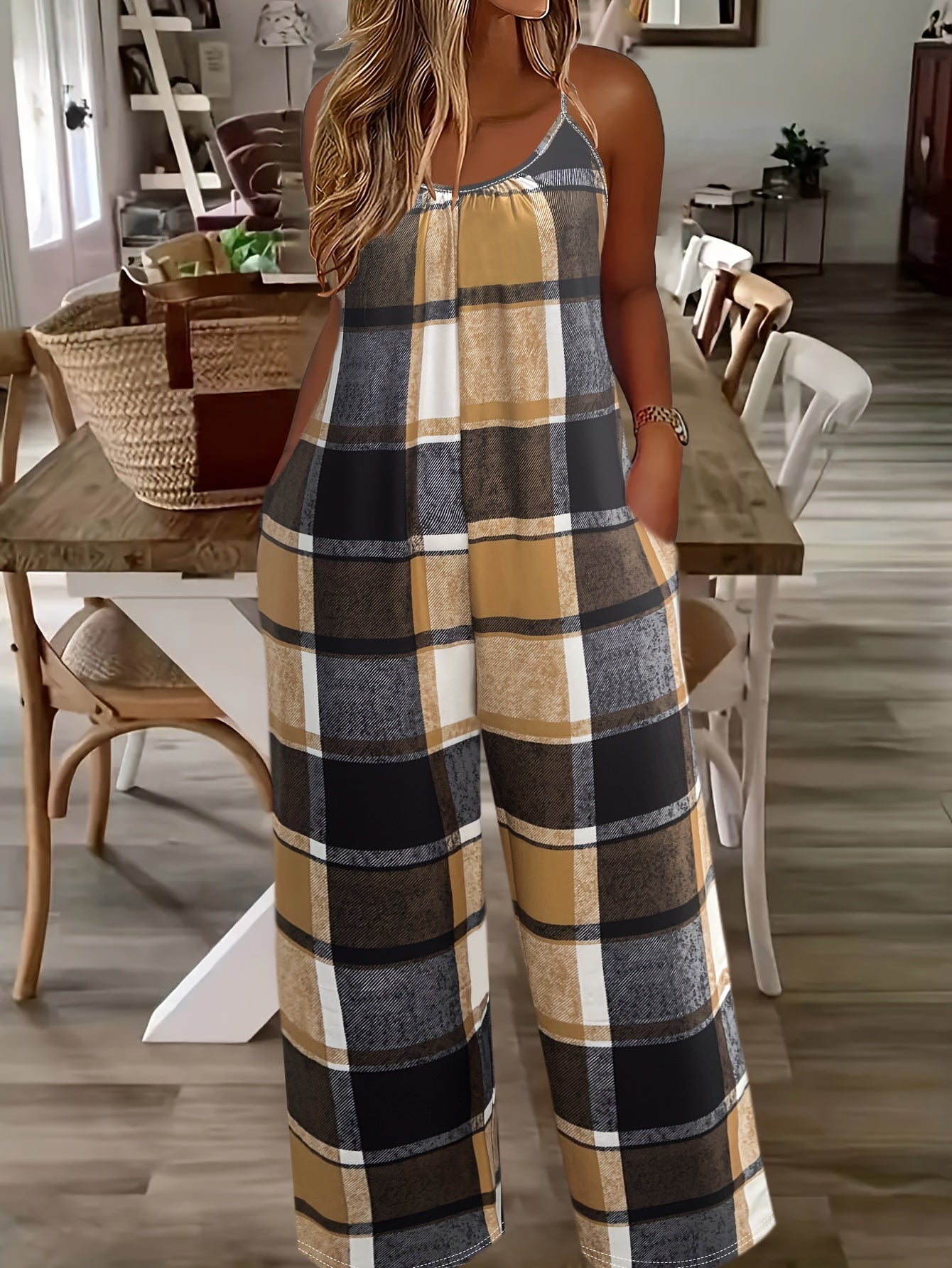 Mono sin mangas de cuadros en talla grande con bolsillos para verano mujer