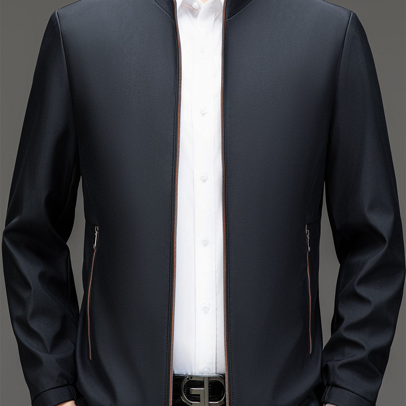 Erkaklar uchun bo'sh, mustahkam jakkardagi fermuarlik cho'ntaklar, rasmiy turli xil yelka, fermuarlik uzun yengli tashqi kiyim.