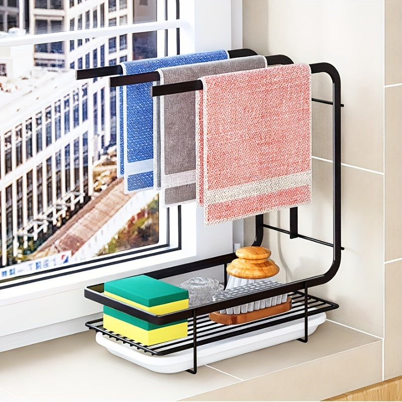 Wall-mounted dishcloth towel rack with sponge holder iron easy to install kitchen sink organizer