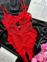 Women's Floral Print Lingerie Bodysuit with Bowknot and Mesh Hollow Design