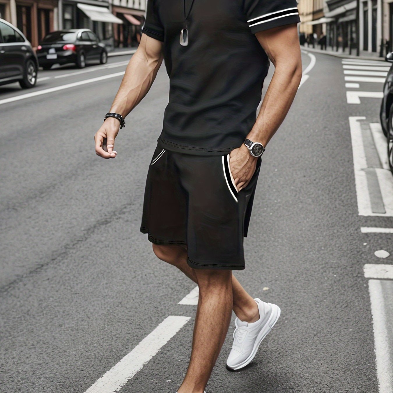 Men's Plus Size Casual Outfit Set with Striped Polyester T-Shirt and Shorts in Light Gray