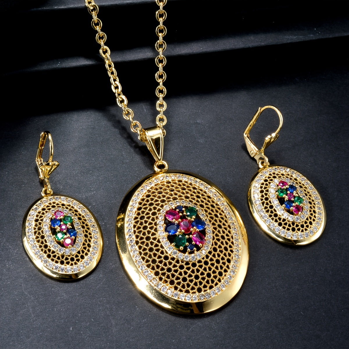 Copper Jewelry Set with Multicolor Zirconia Necklace Earrings Ring for Valentine's Day Weddings Parties