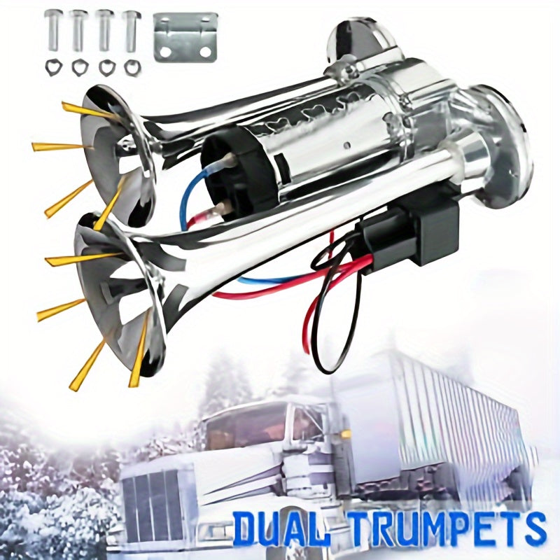 Universal Electric Dual Air Horn Kit for Vehicles, Loud, 12/24V