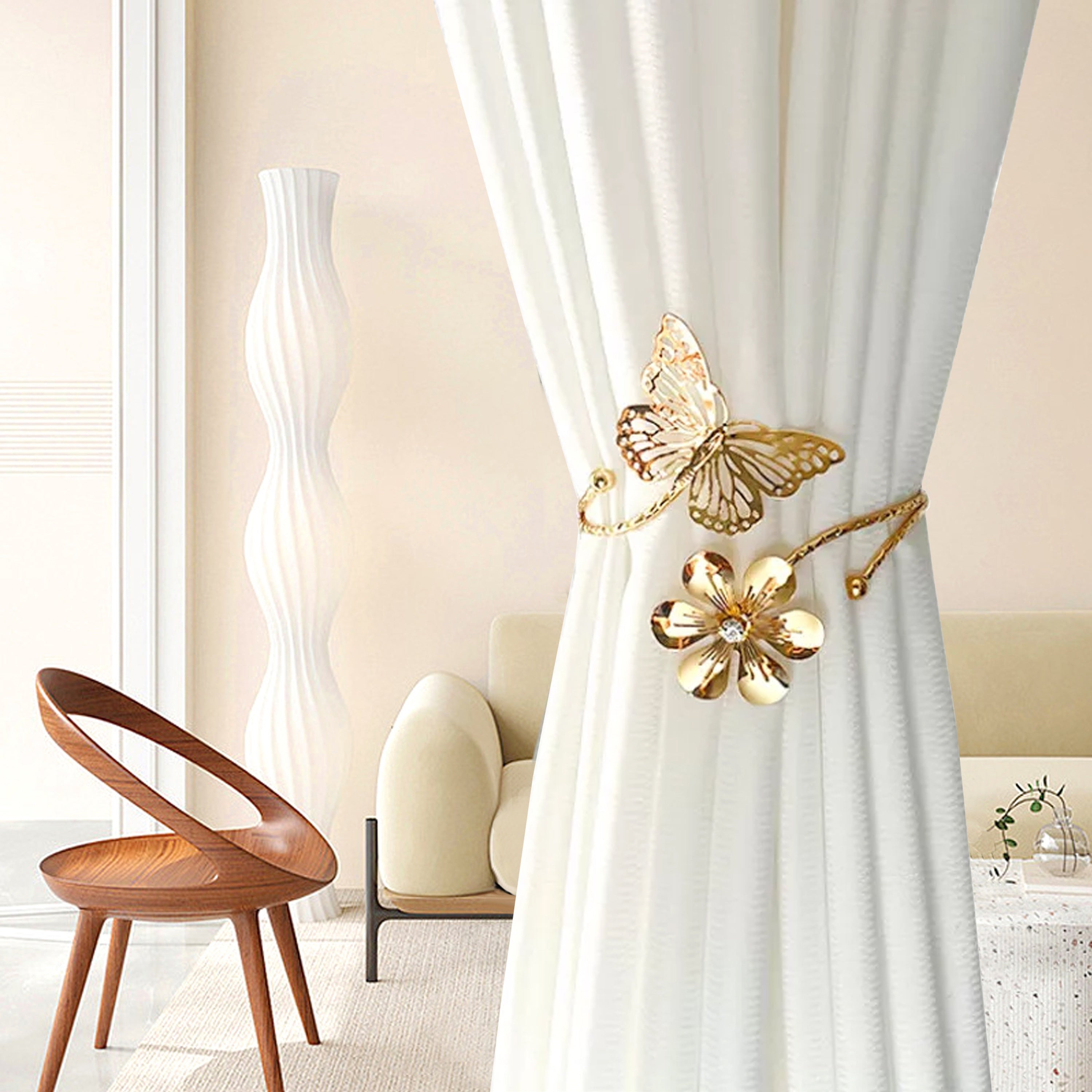Modern Minimalist Curtain Tiebacks with Butterfly and Flower Design, Adjustable, Easy Install