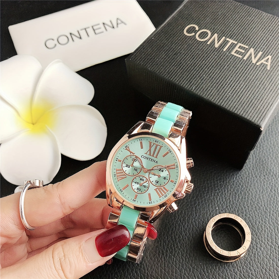 Reloj de mujer en oro rosa con cuarzo, fases lunares y calendario, pulsera de acero inoxidable