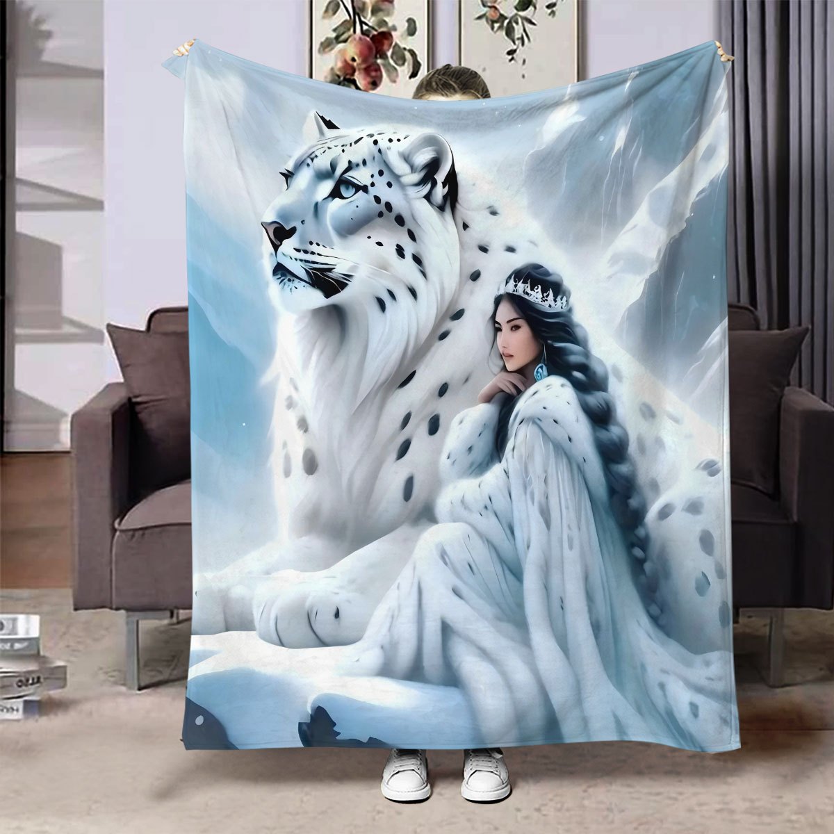 Leopard and Woman Design Flannel Fleece Blanket Hypoallergenic Washable Polyester Bedding for Living Room Couch All-Season Gift