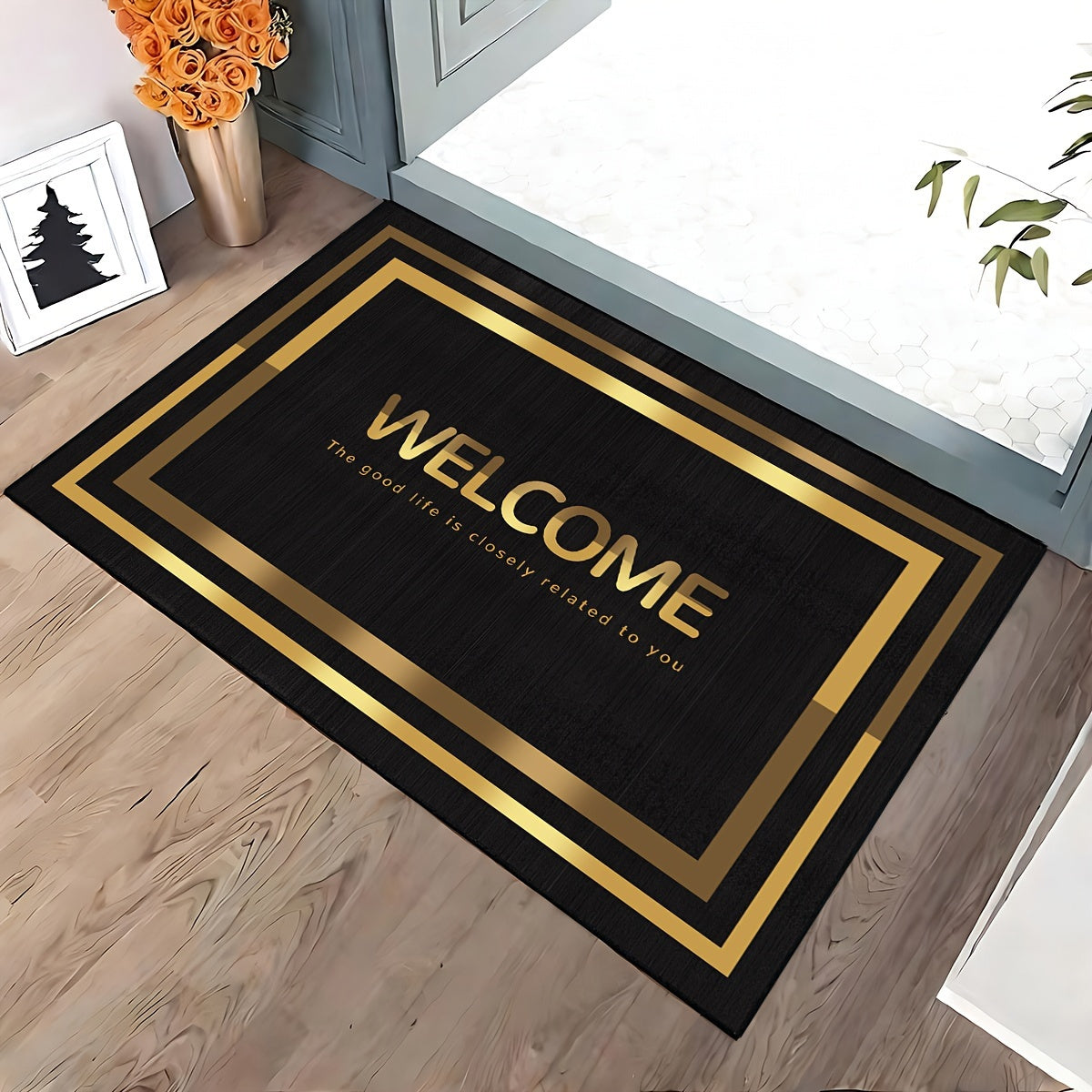 Black and Gold Welcome Door Mat Non-Slip Machine Washable Polyester