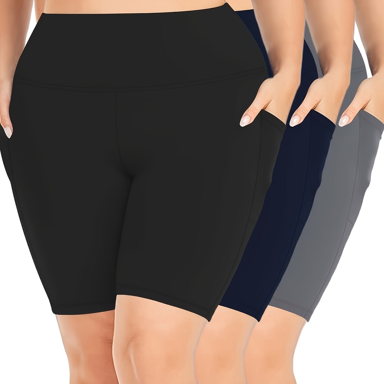 Women High Waist Slim Fit Yoga Pants Three Pack Large Size Side Pockets