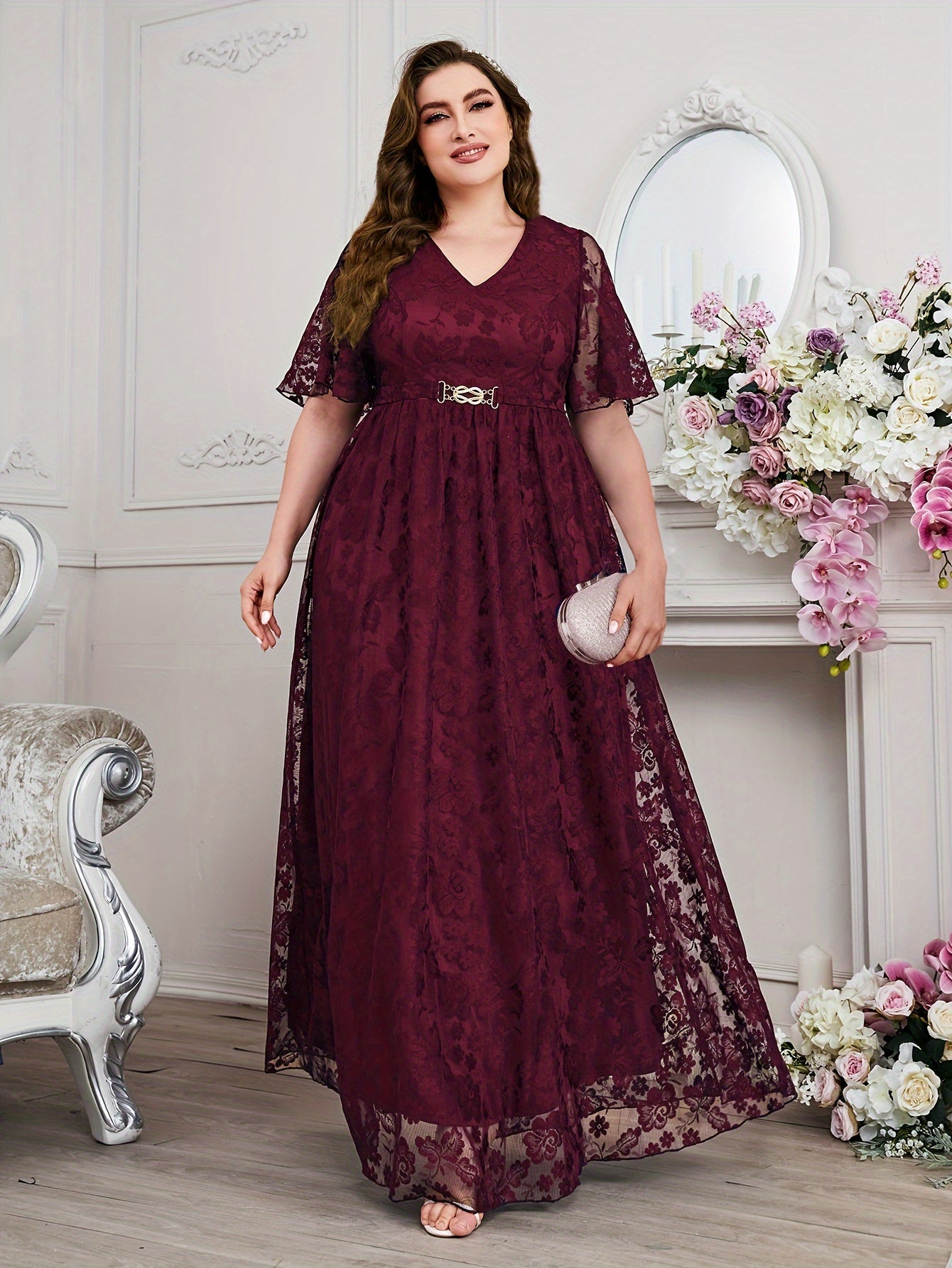 Women's Plus Size Floral Lace Swing Maxi Dress V Neck Flutter Sleeve Party Wear