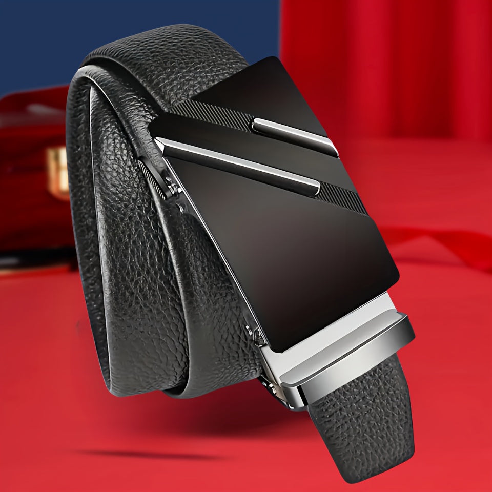 Cinturón casual de negocios para hombre con hebilla automática, patrón de lichi de doble barra, ajustable en PU