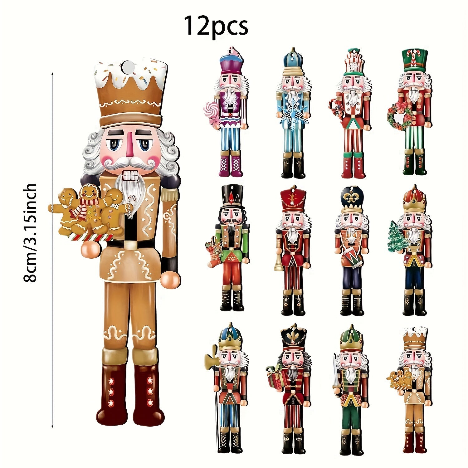 Set of 12 Wooden Nutcracker Christmas Ornaments Traditional Holiday Decor