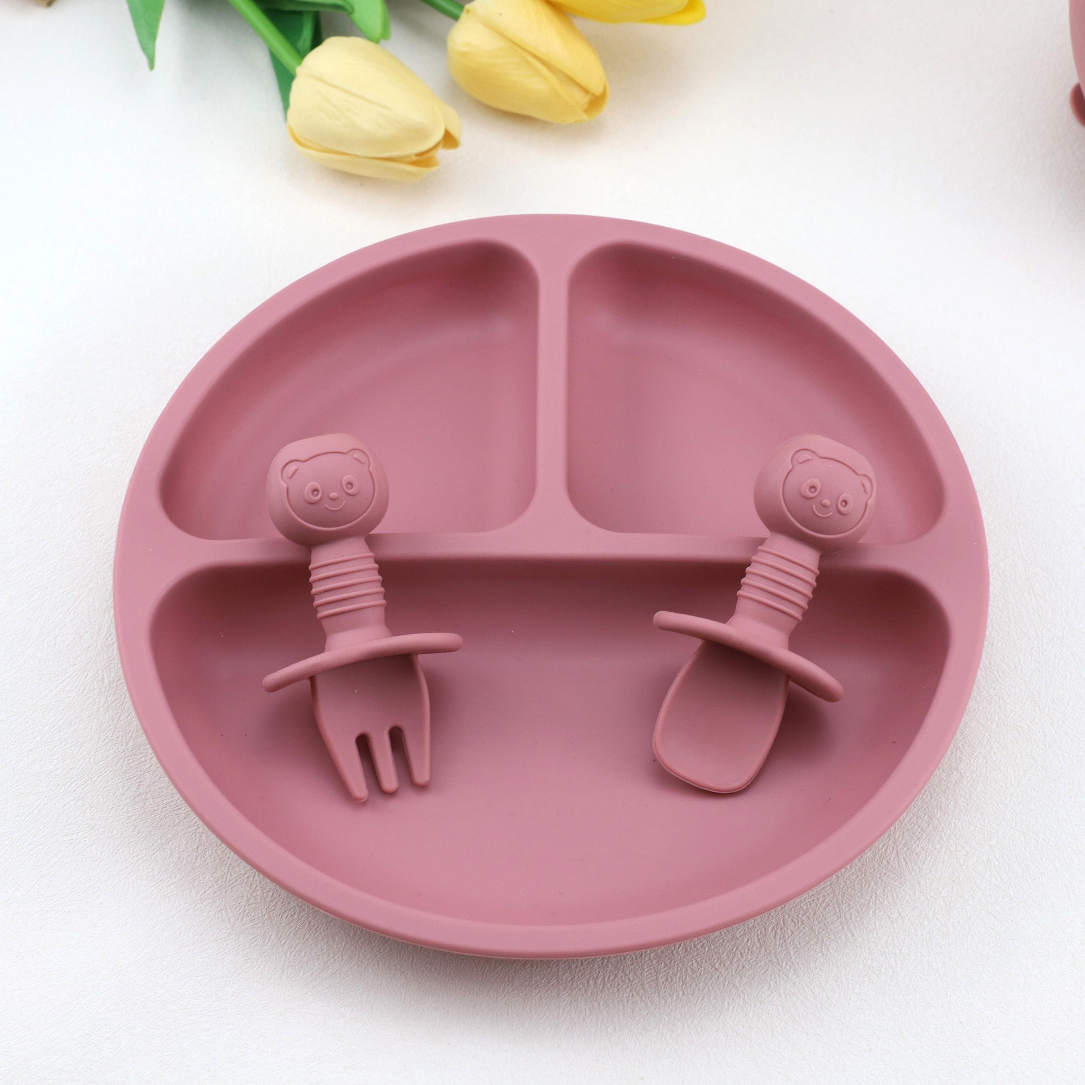 9-Piece Silicone Baby Tableware Set with Bib Plate Bowl Cup Spoon Fork
