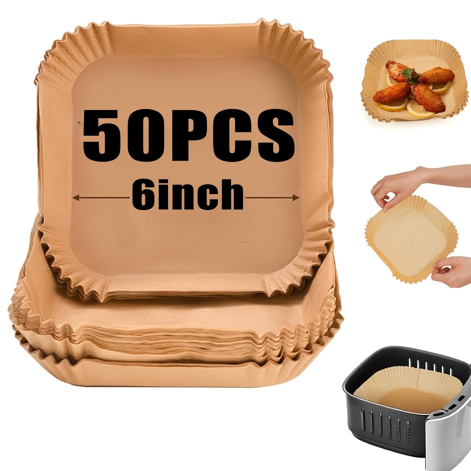Pack of 50 Square 6-Inch Non-Stick Parchment Paper for Air Fryer Baking and Grilling