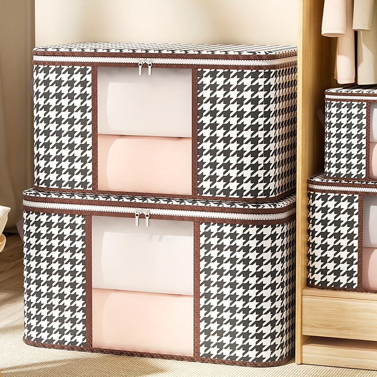 Houndstooth Pattern Clothes Storage Bag with Transparent Window Non-Woven Foldable Dustproof Organizer