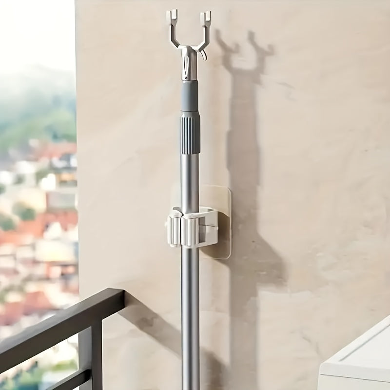 Soporte para fregona de ABS montado en la pared con 4 clips, almacenamiento en el baño con adhesivo sin taladro