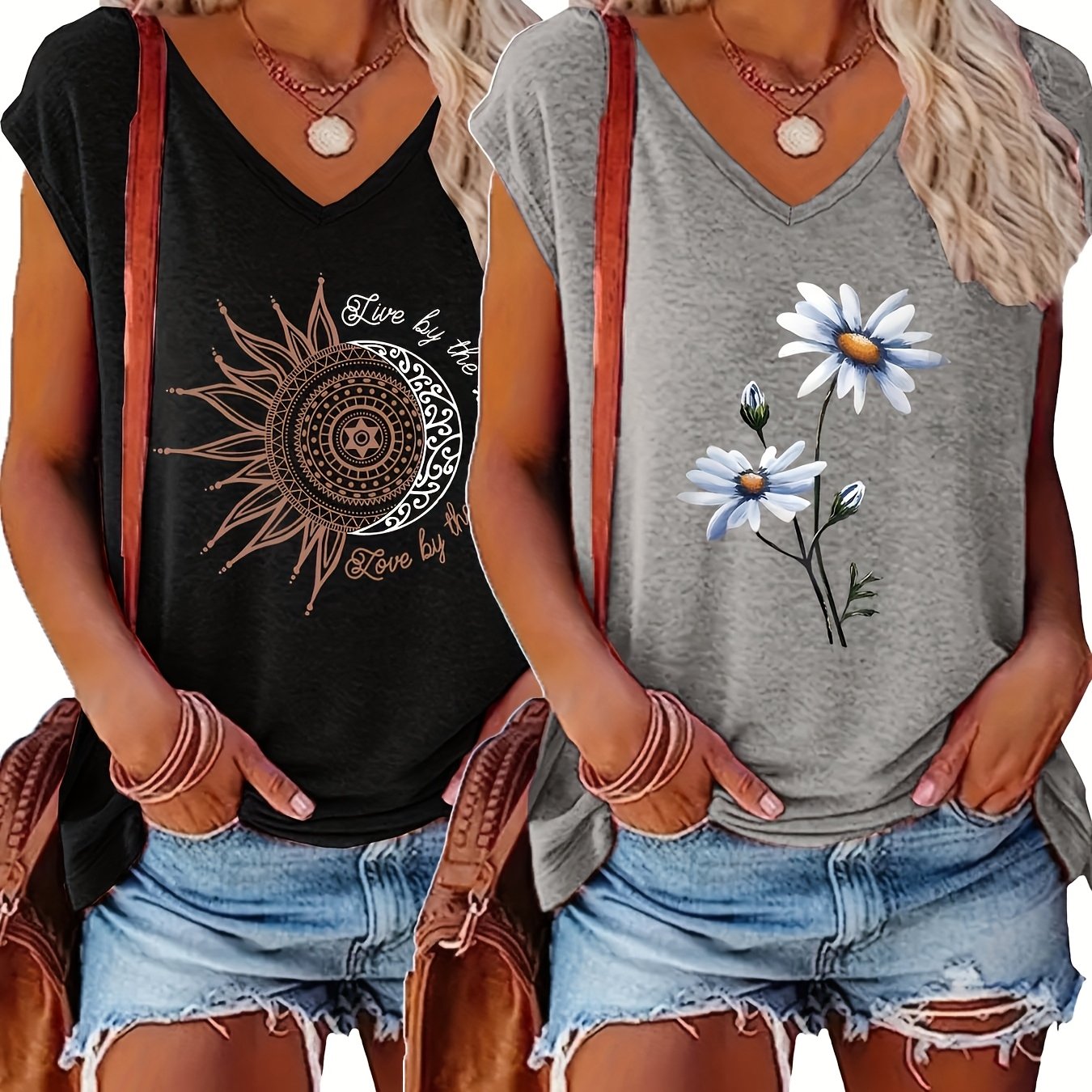Women's V-Neck T-Shirts, Short Sleeve, Casual Spring Summer, 2 Pack
