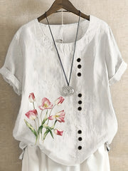 Plus Size Linen Printed Short Sleeve Shirt for Women Casual Loose Fit