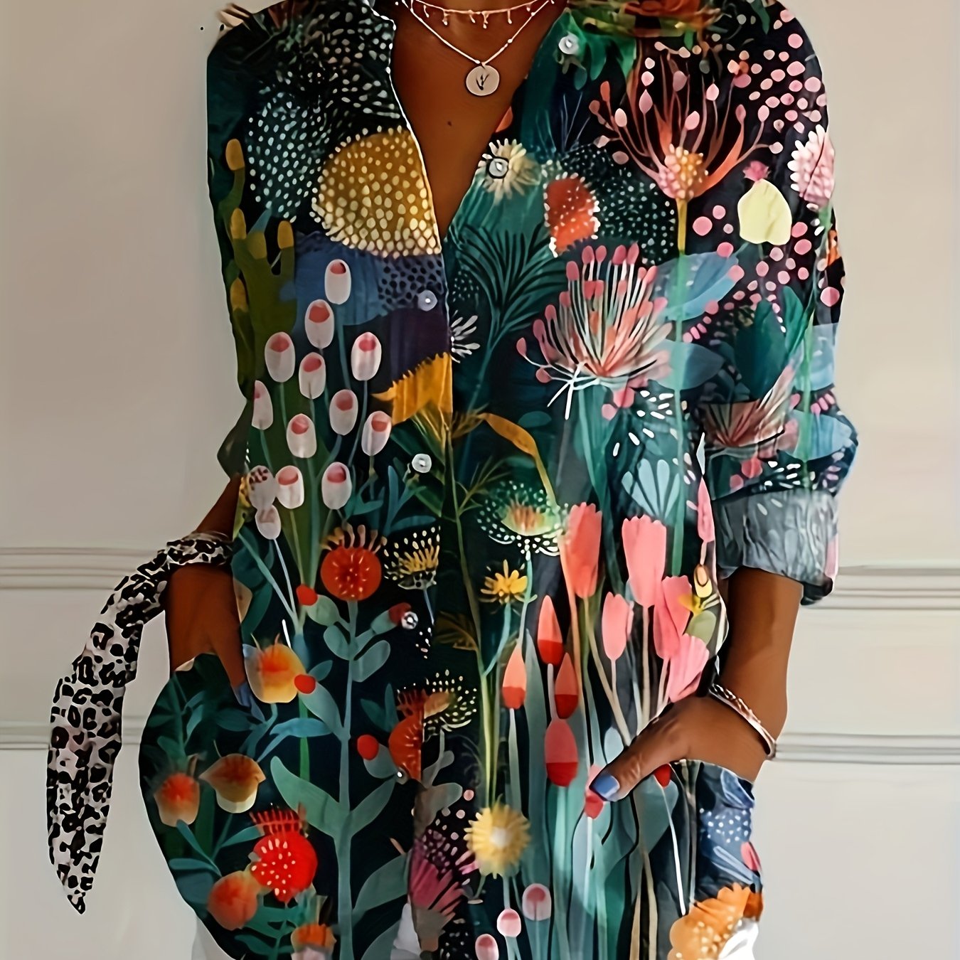 Ayollar uchun kattaroq o'lchamdagi gul bosma uzun qoʻl qattiq kundalik kofta, tugma bilan yopiladigan top