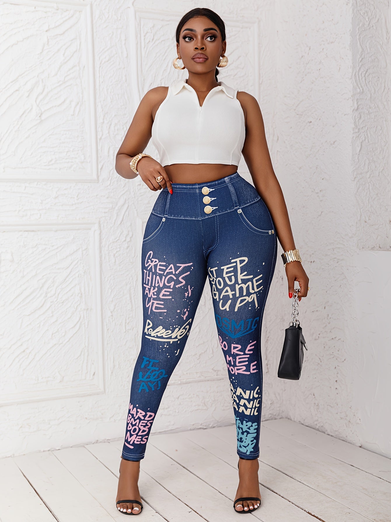 Plus Size Women's Denim Leggings High-Waisted Stretchy Workout All-Season