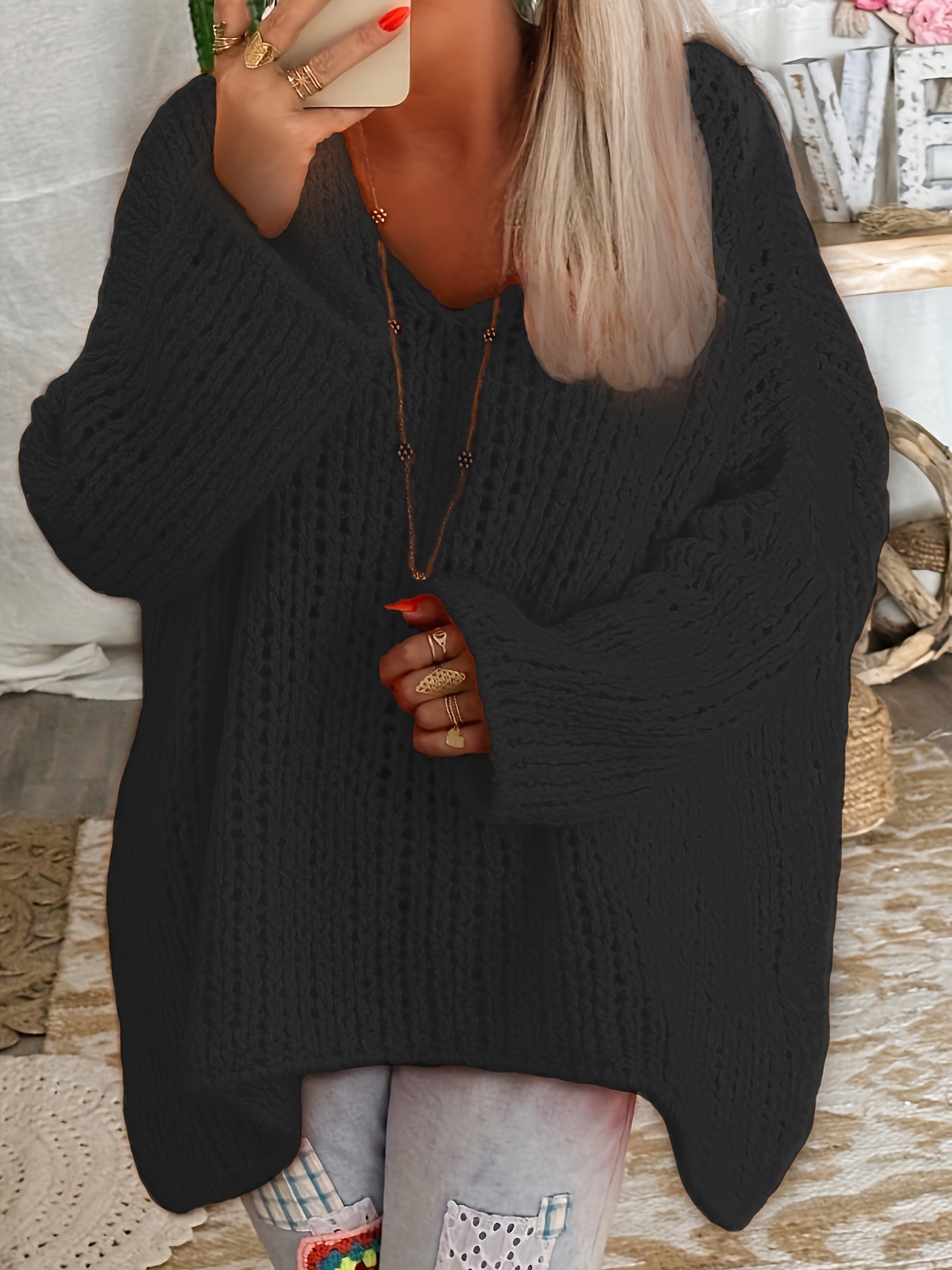 Plus Size Women's V Neck Long Sleeve Oversized Sweater Pullover