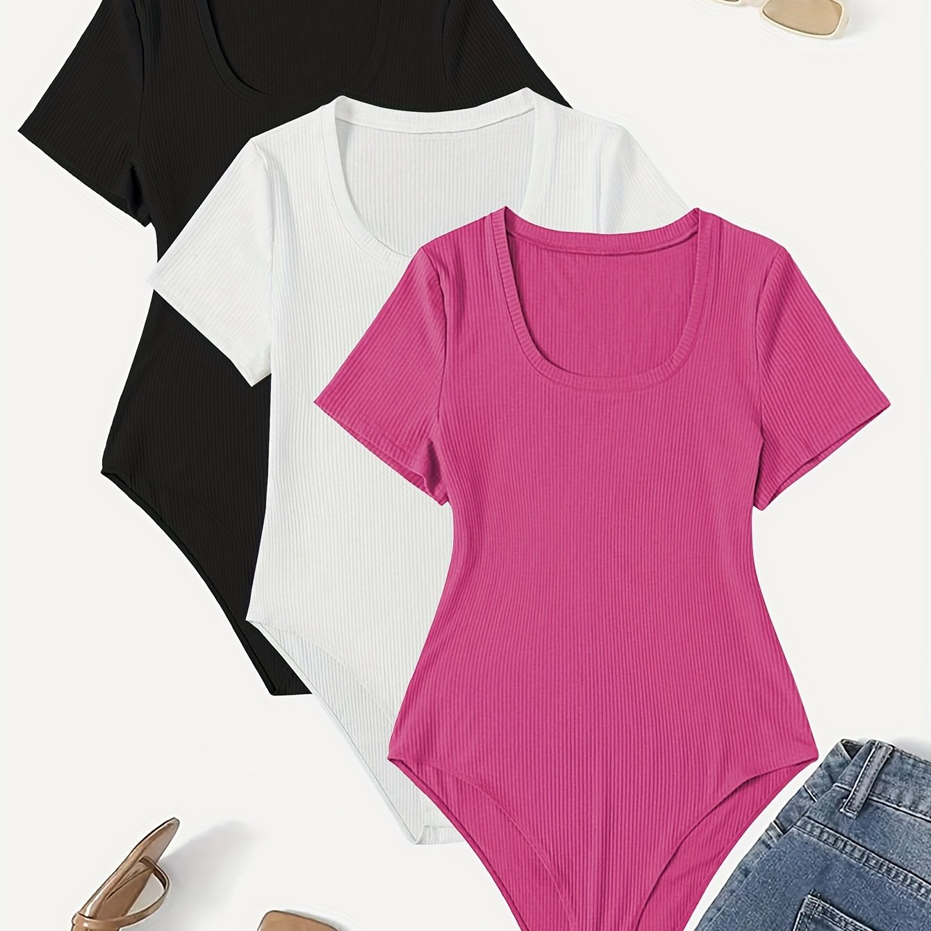 Ayollar uchun kengaytirilgan o'lchamli elastik bodysuitlar, bir rangli, kruj neck, qisqa qo'lli to'plam