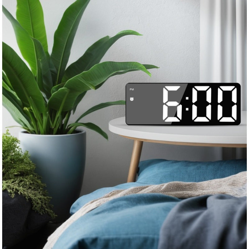 Modern LED Digital Clock with Temperature Display Adjustable Brightness Alarm Battery-Powered Black Desk Clock