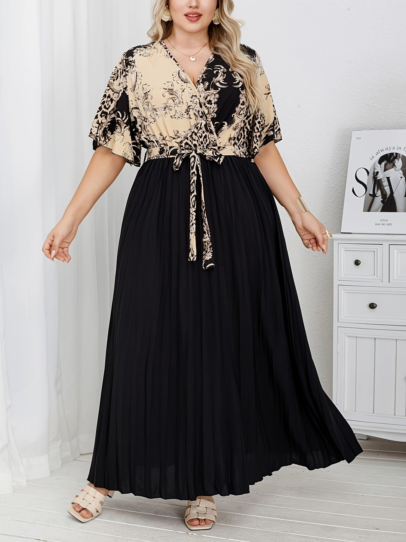 Women's Plus Size Pleated Print V-Neck Dress Elegant Temperament