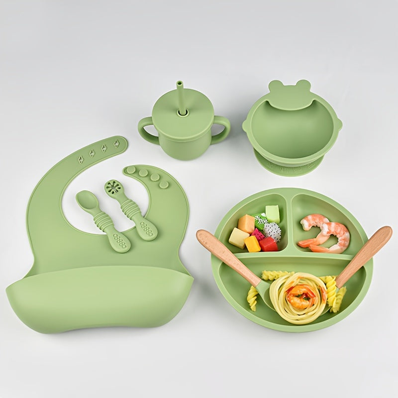 Juego de vajilla de silicona para niños pequeños, 8 piezas, incluye plato, cuenco, cuchara, tenedor, pajita, taza, babero, libre de BPA, no tóxico, apto para lavavajillas, para edades de 0 a 3 años