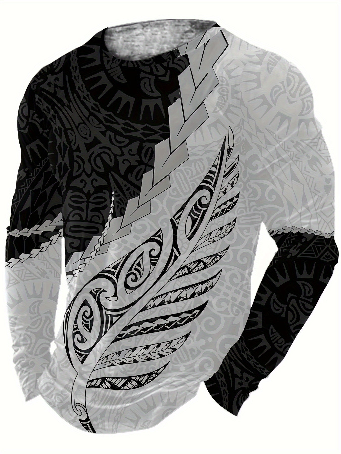 Camiseta de manga larga casual para hombre de poliéster con cuello redondo y estampado aleatorio