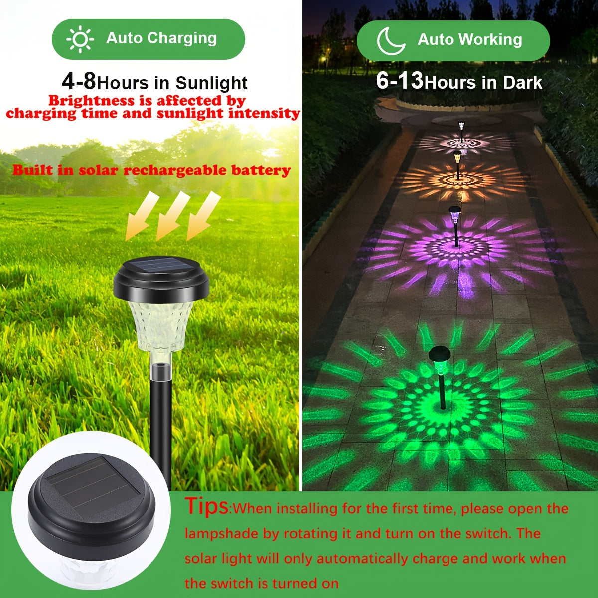 Quyosh energiyasida ishlaydigan, 2, 6, 8 yoki 10 dona to'plarda, RGB+Issiq LED chiroqlari, aqlli sensor kalit va bog' yo'llarini yoritish va bog' bezaklari uchun mo'ljallangan quyosh bog'i chiroqlari.