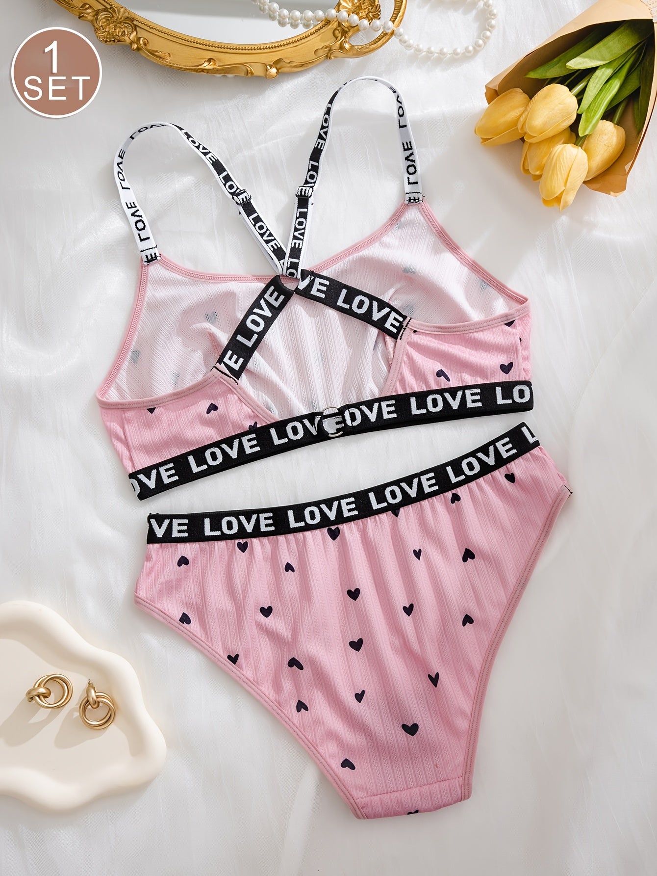 Women's Heart Print Lingerie Set Polyester Knit with Love Strap and Braid Accent